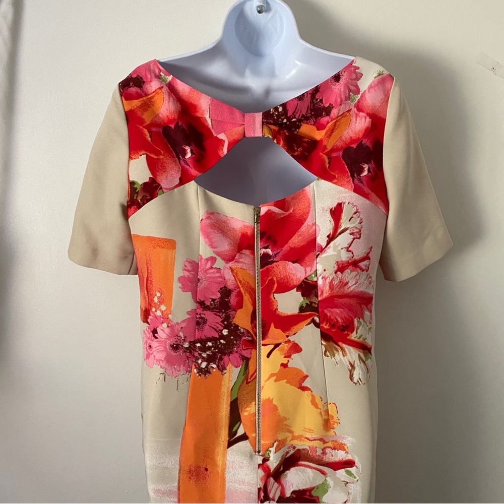 Gabby Skye Pink, Cream & Orange Abstract Floral Shift Sheath Dress with Pockets - Picture 9 of 14